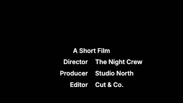 End credits maker sample: two-column film credits in white text scrolling upward on a black background.
